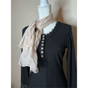 Cute sheer beige scarf with silky shiny flowers in silky cream color - small